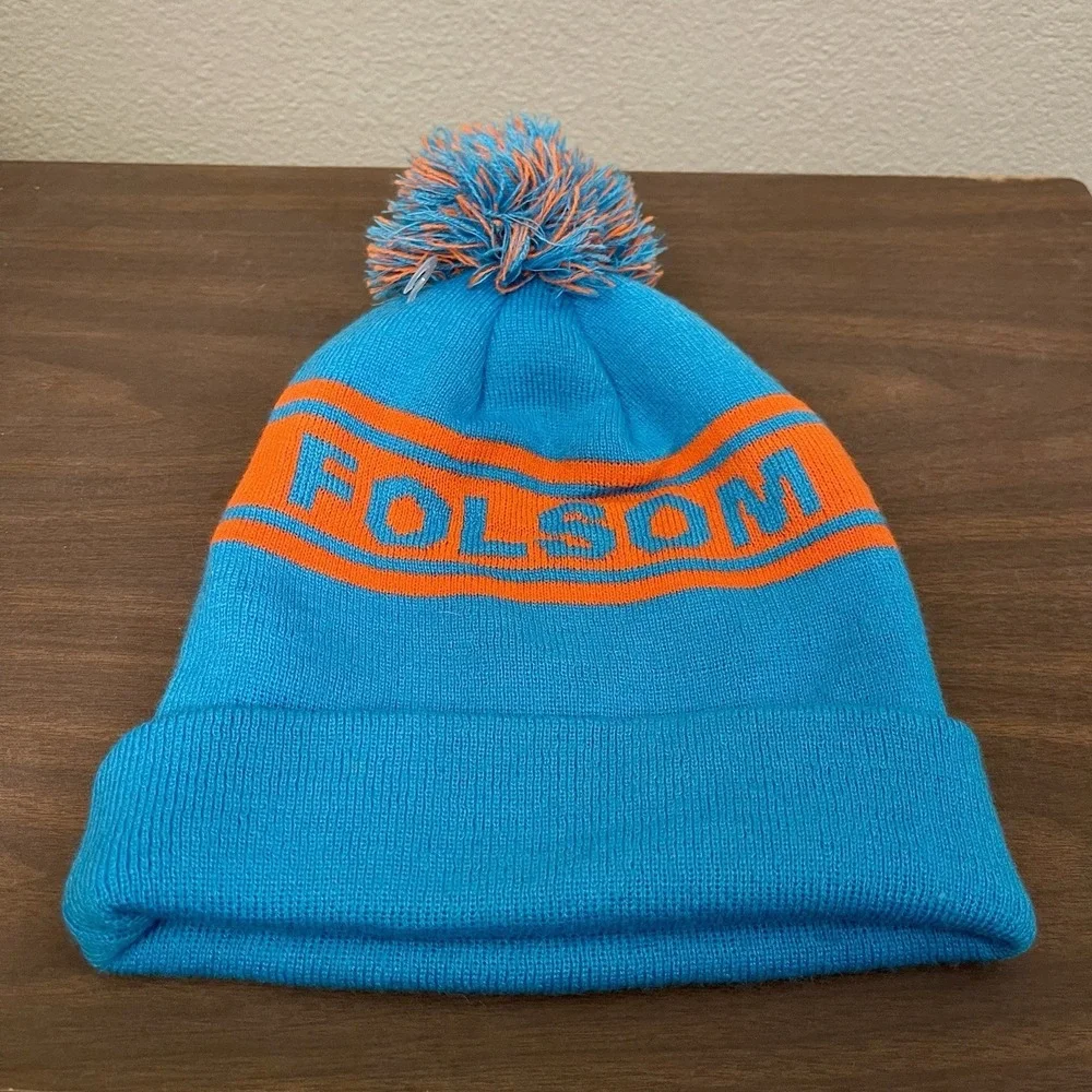 Folsom‎ Beer Week Knit Pom Beanie Hat Novelty Blue Orange Fold Over